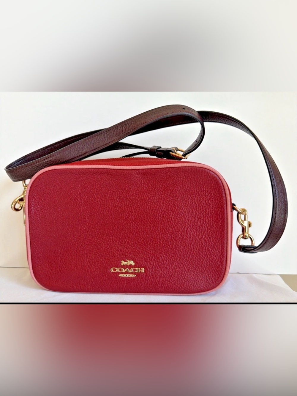 Coach Pebbled Leather Red Crossbody Bag Double Compartments w/Zip Closure
